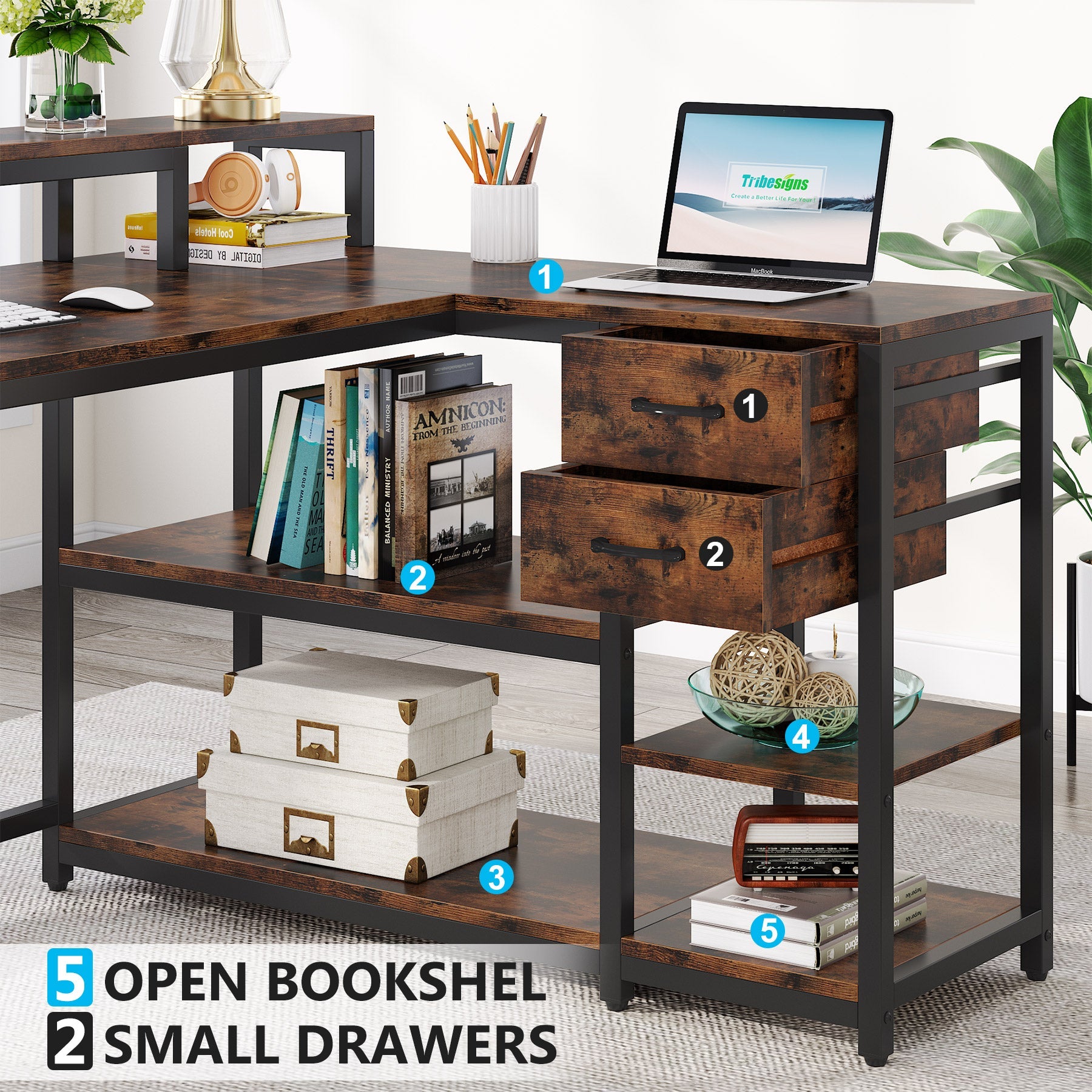 Tribesigns L-Shaped Desk, Industrial Corner Desk with Drawer & Storage Shelves Tribesigns